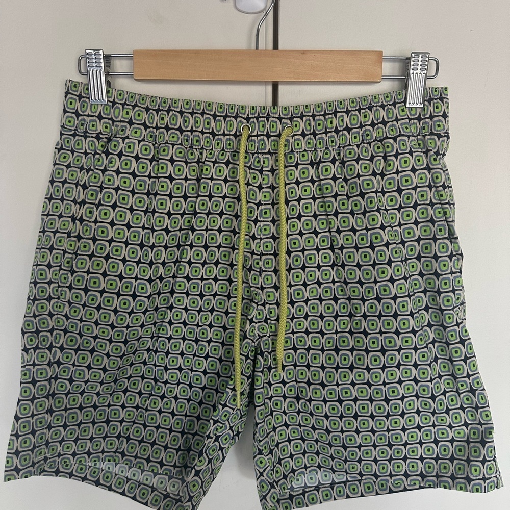 J. Crew Green and Yellow Swim Trunks with Geometric Pattern